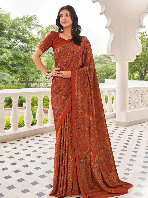 Rust Brown Crepe Silk Digital Print Saree